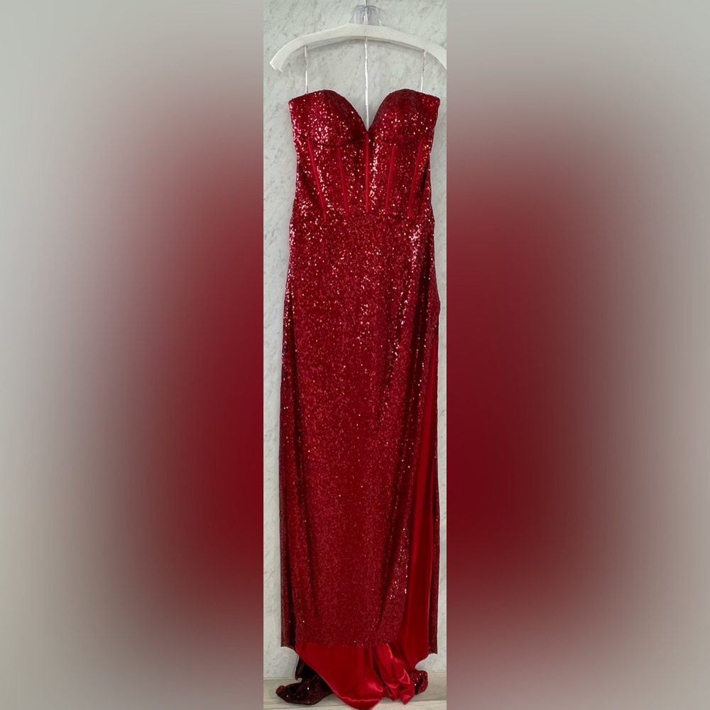 Strapless fully sequin Sherri hill prom dress with side slit style 55491